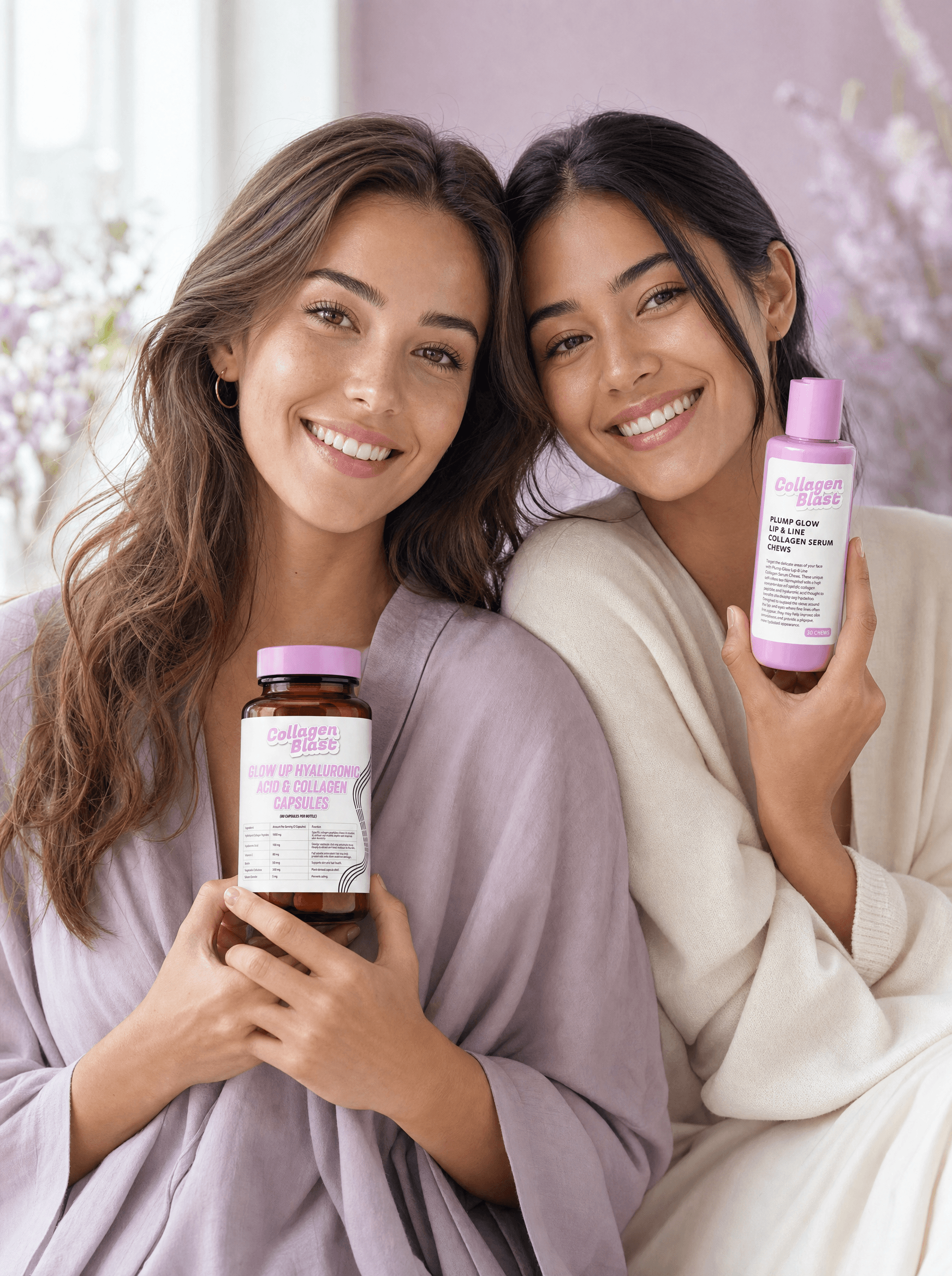 Two friends holding CollagenBlast supplements