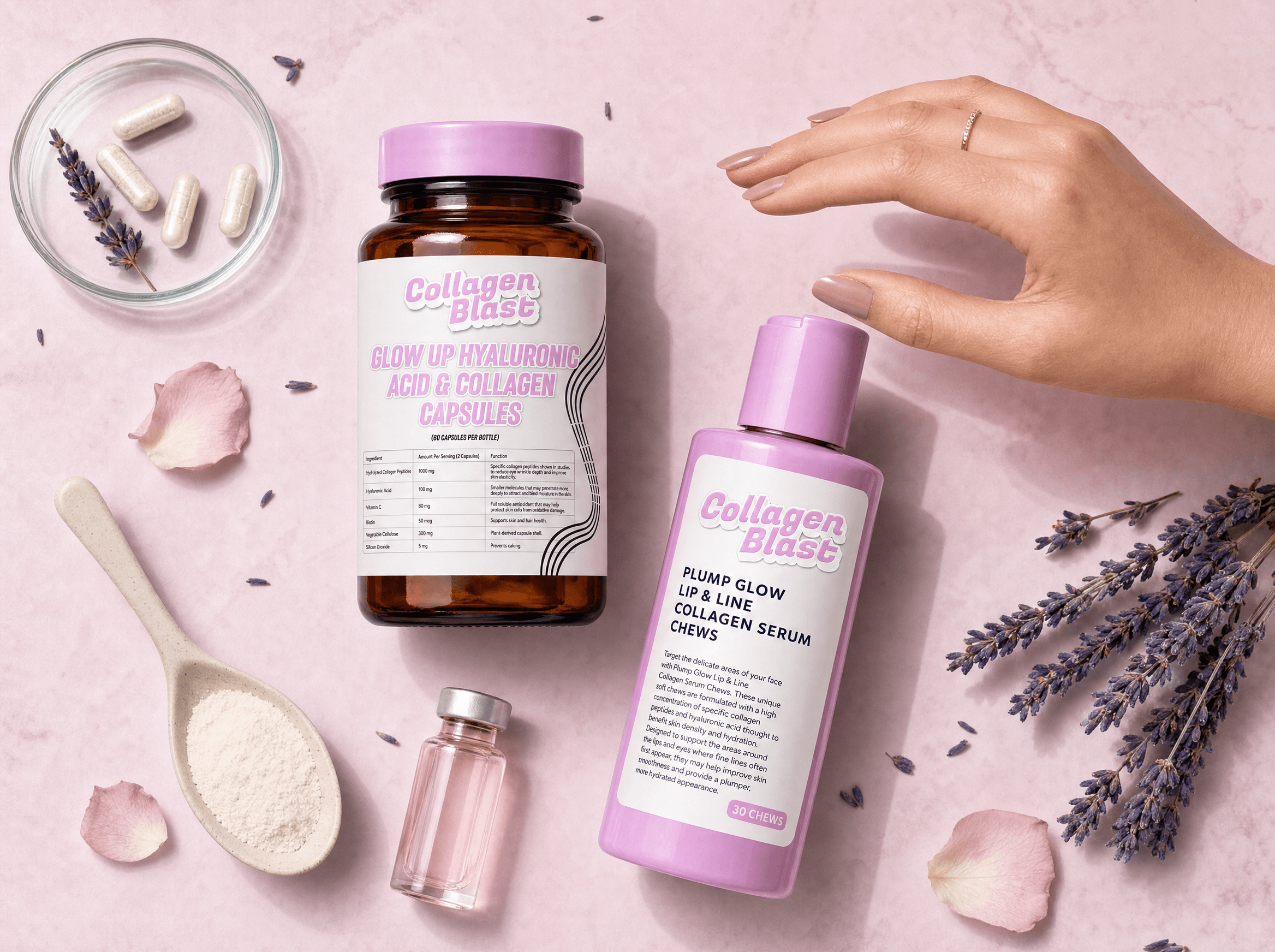 CollagenBlast Glow Up capsules flat lay with lavender